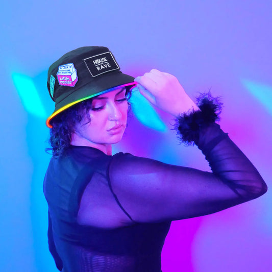 girl raver in patch pocket led bucket hat festival outfit customizable rave hat