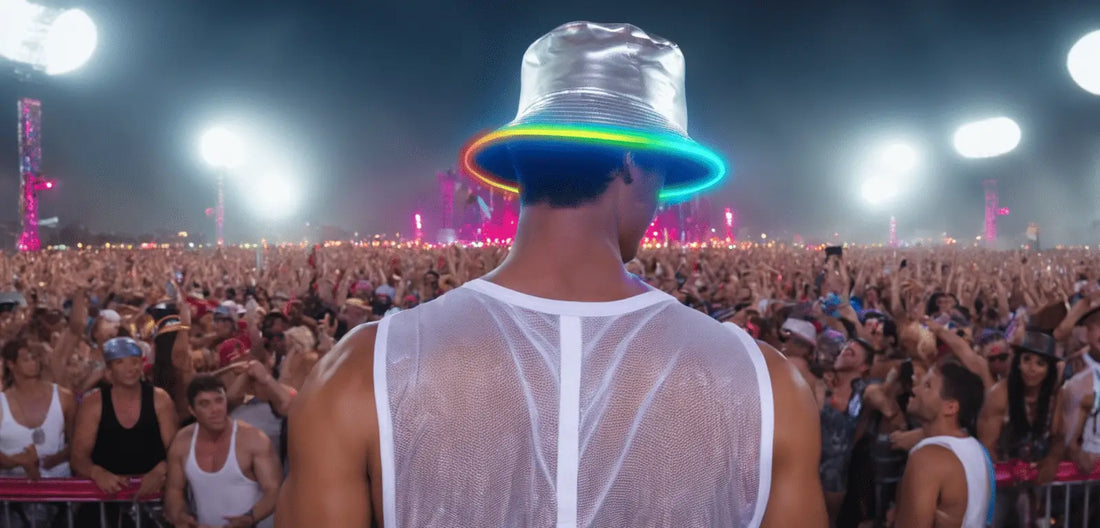 silver LED bucket hats in front of festival crowd, LED rave accessory