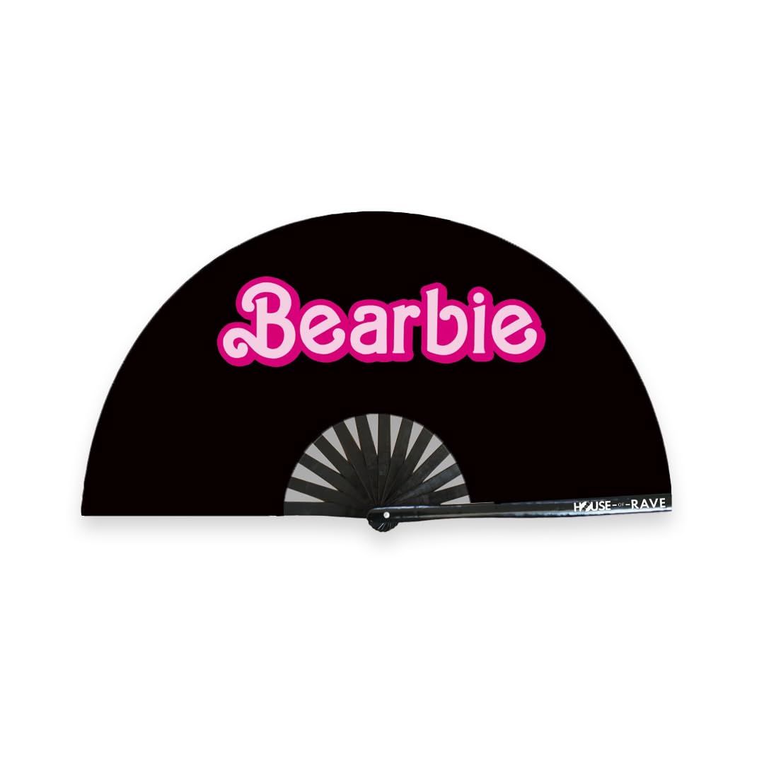 Funny Rave Fan Large Folding Hand Fan UV Glow Festival Fan Rave Accessory for Men & Women - Real Wooden Fan - Bearbie
