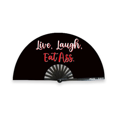 Funny Rave Fan Large Folding Hand Fan UV Glow Festival Fan Rave Accessory for Men & Women - Real Wooden Fan - Live Laugh Eat