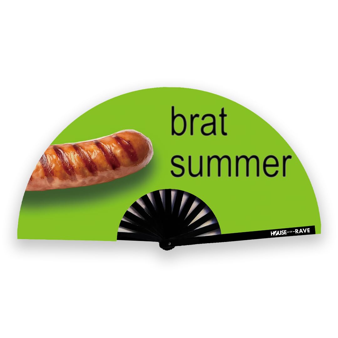 Funny Rave Fan Large Folding Hand Fan UV Glow Festival Fan Rave Accessory for Men & Women - Real Wooden Fan - Brat Summer