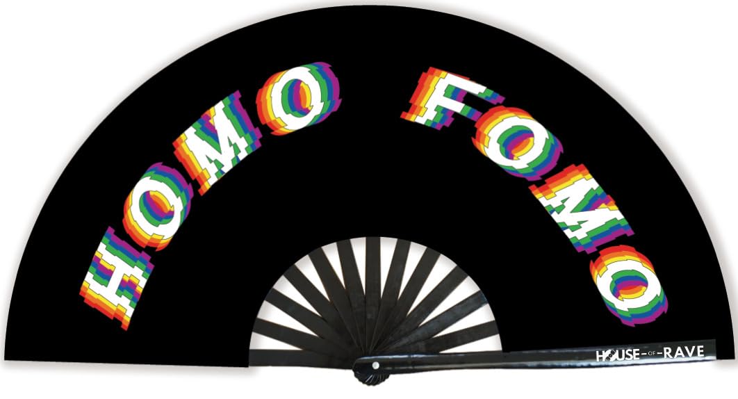 Funny Rave Fan Large Folding Hand Fan UV Glow Festival Fan Rave Accessory for Men & Women - Real Wooden Fan - Homo Fomo