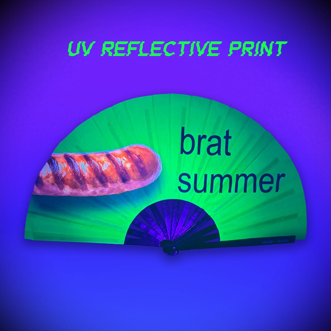 Funny Rave Fan Large Folding Hand Fan UV Glow Festival Fan Rave Accessory for Men & Women - Real Wooden Fan - Additional Image