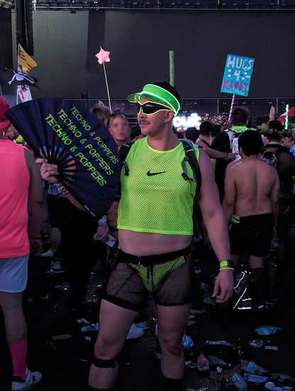 Funny Rave Fan Large Folding Hand Fan UV Glow Festival Fan Rave Accessory for Men & Women - Real Wooden Fan - Additional Image